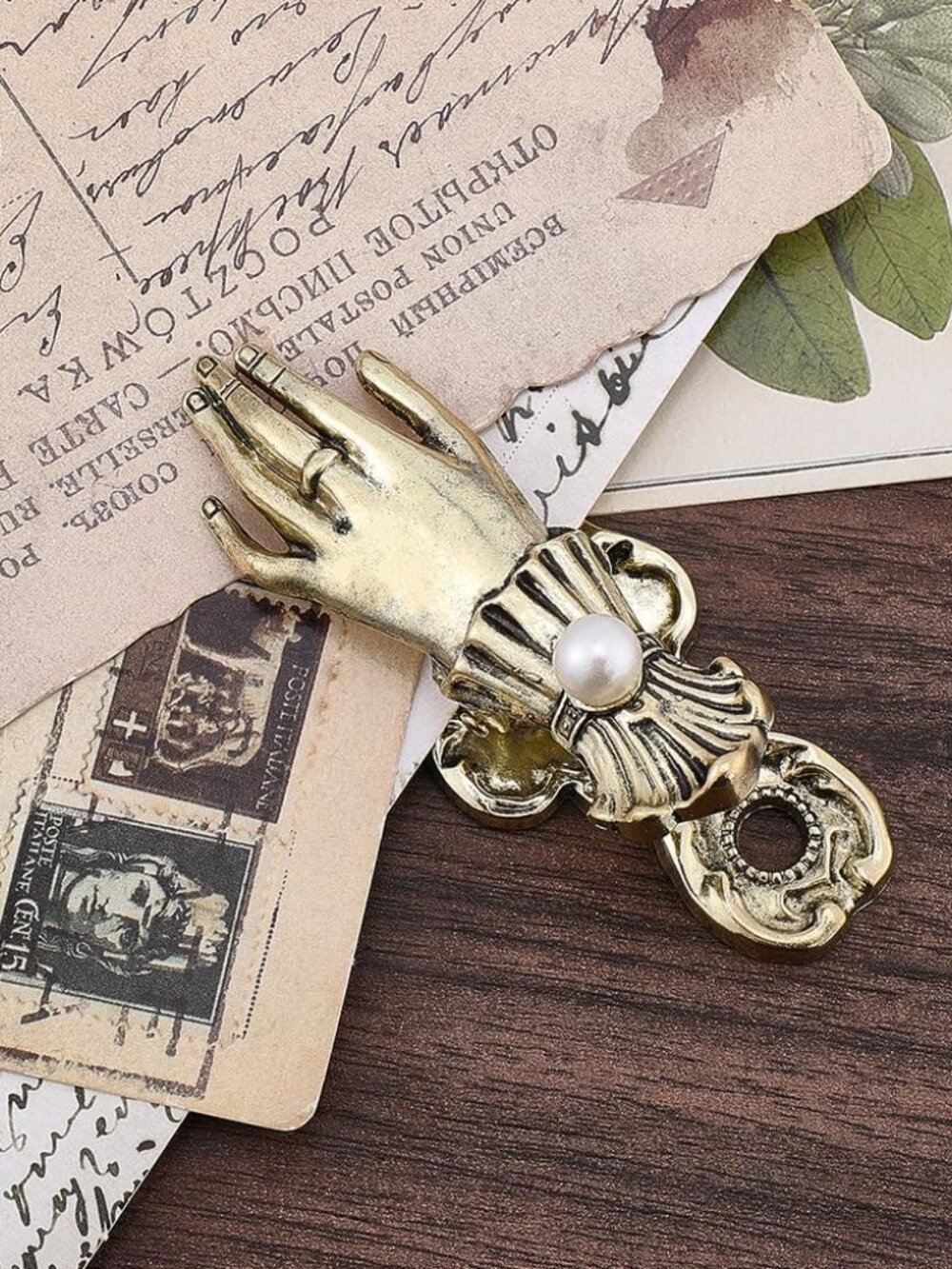 Vintage Lady's Hand Book Clip 3D Metal Antique Bronze Pearl Journal Paper Storag - Picture 4 of 7